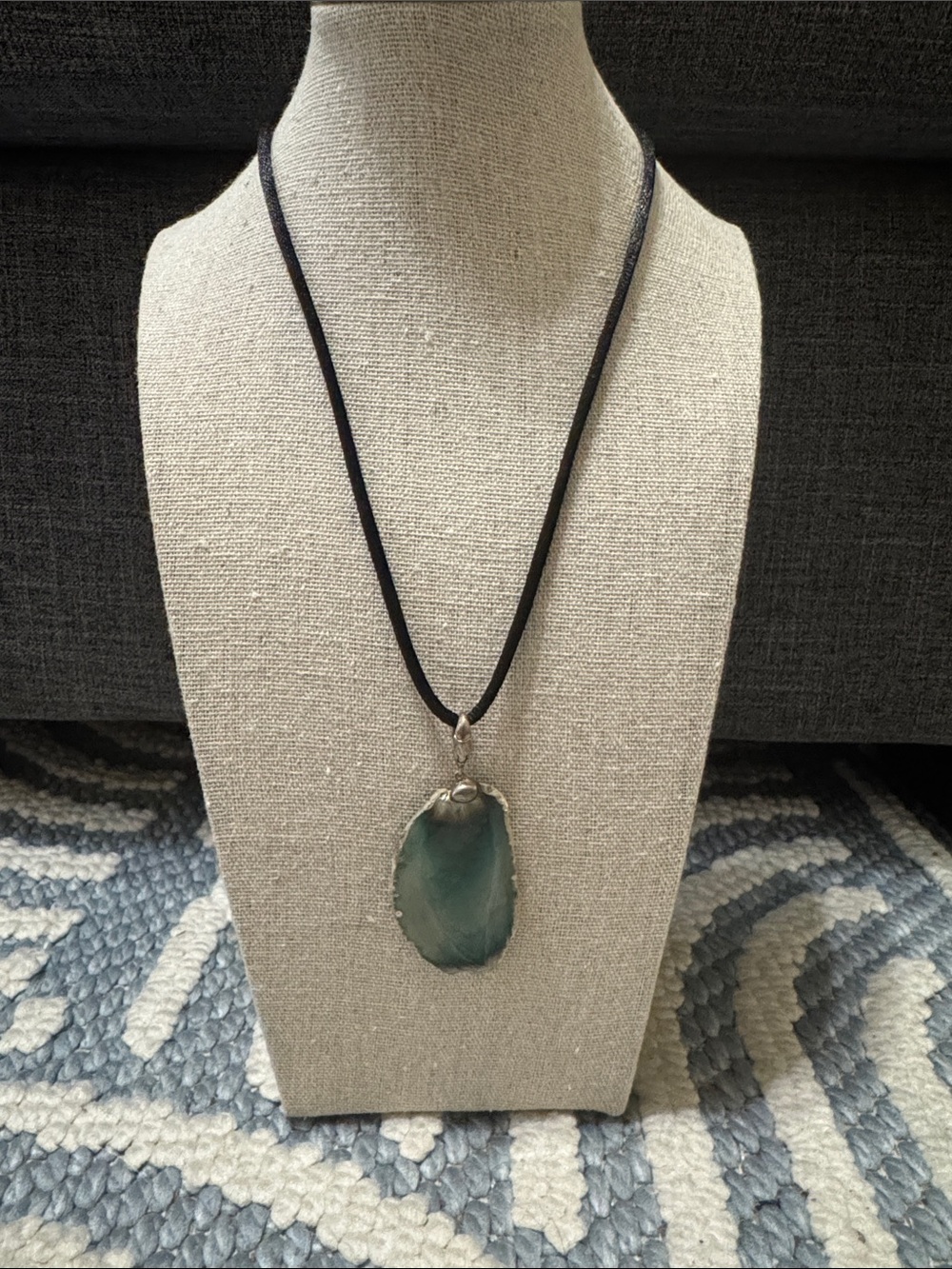 Y2K Green Agate Slice 925 Sterling Silver Pendant Necklace